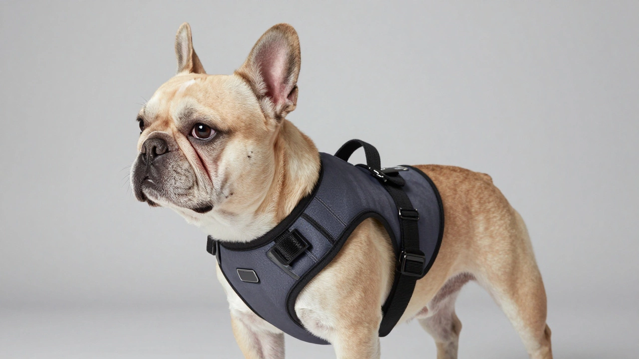 French Bulldog wearing a supportive chest harness for respiratory health