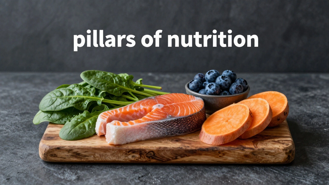 Fresh salmon, blueberries, spinach, and sweet potatoes arranged on a rustic wooden board