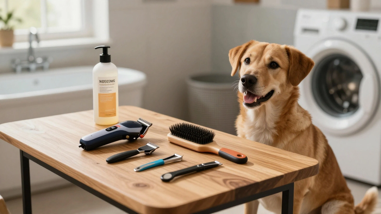 Home dog grooming kit with clippers, brush, and shampoo on a table