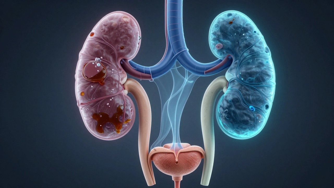 Illustration of a cat's kidney and bladder showing hydration levels
