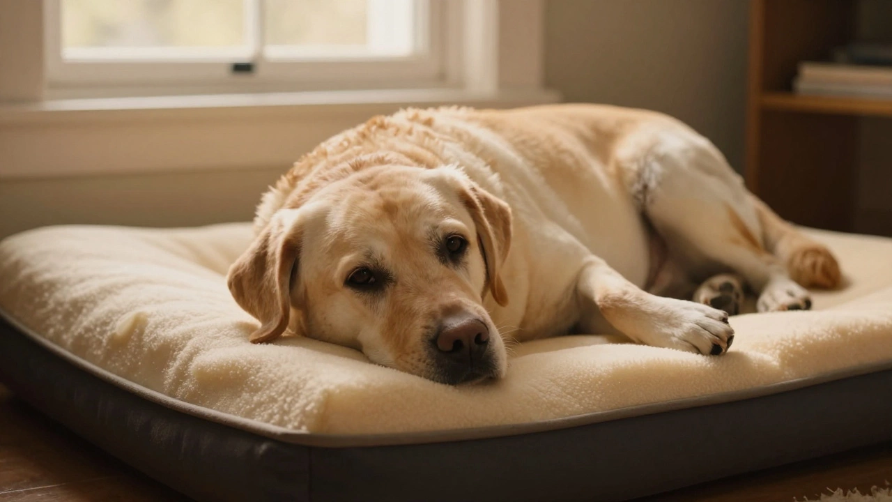 Senior Labrador sleeping comfortably on a high-density orthopedic memory foam bed