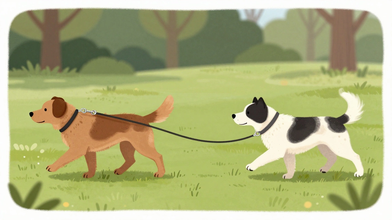 Conceptual art contrasting leash walking with free roaming using different collars.