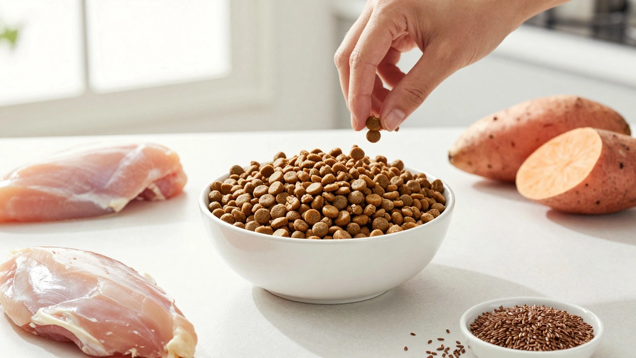 Dog food bowls being mixed with fresh ingredients on a clean kitchen counter