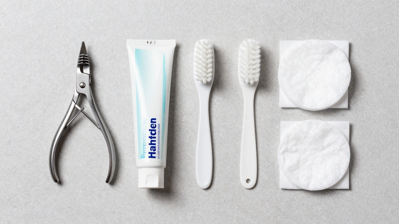 Dog grooming tools including nail clippers and toothpaste