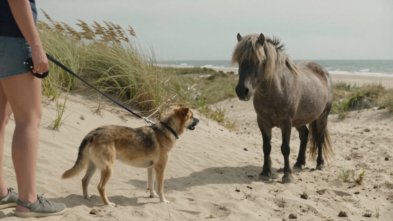 Dog on leash observing a wild Chincoteague pony on a dune trail