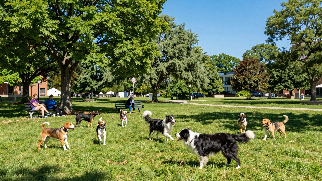 Dogs playing off-leash in a sunny park in Raleigh, NC, with owners watching nearby