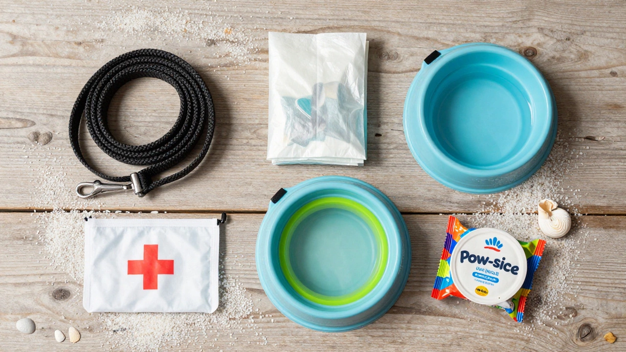 Essential dog travel supplies including leash, water bowl, and treats
