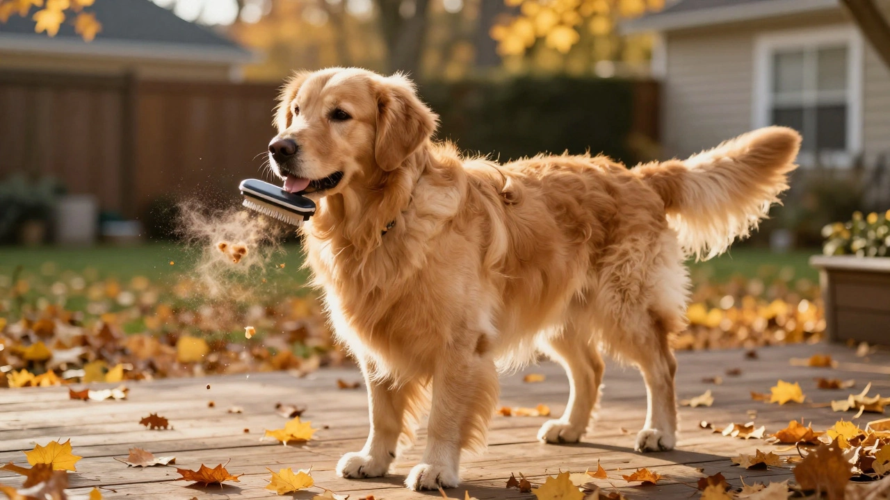 Golden Retriever shedding undercoat while being brushed in autumn