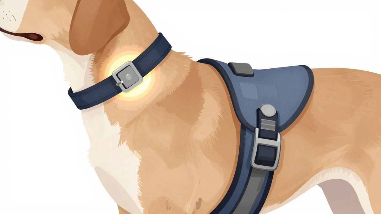 Illustration comparing pressure points of collars vs harnesses on dogs