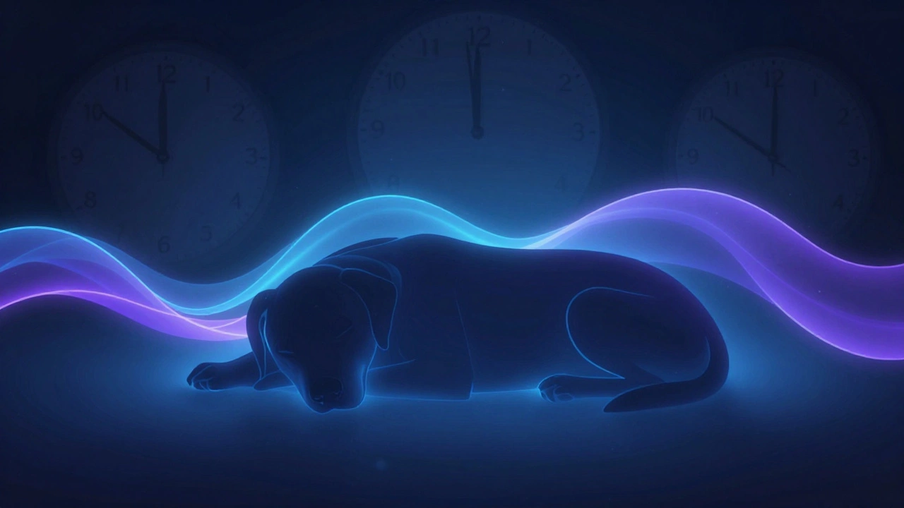 Illustration of a dog's circadian rhythm with melatonin waves and fading clocks.