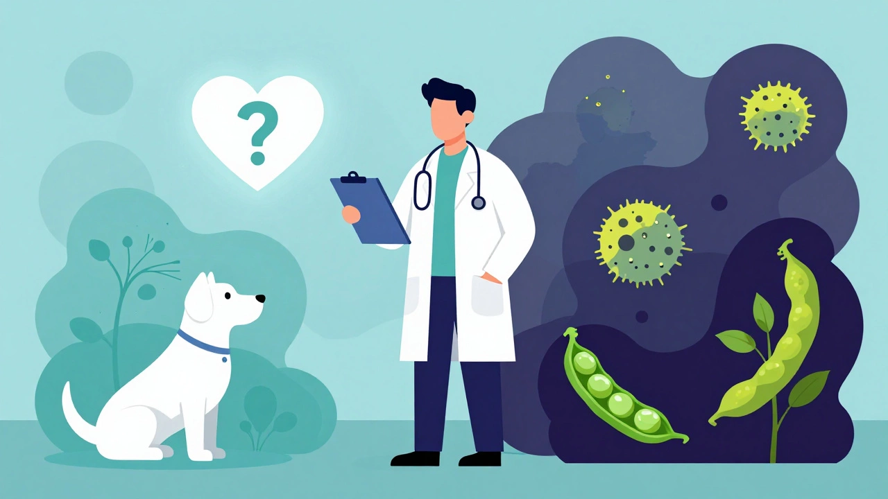 Illustration of a vet weighing heart health risks against food contaminants