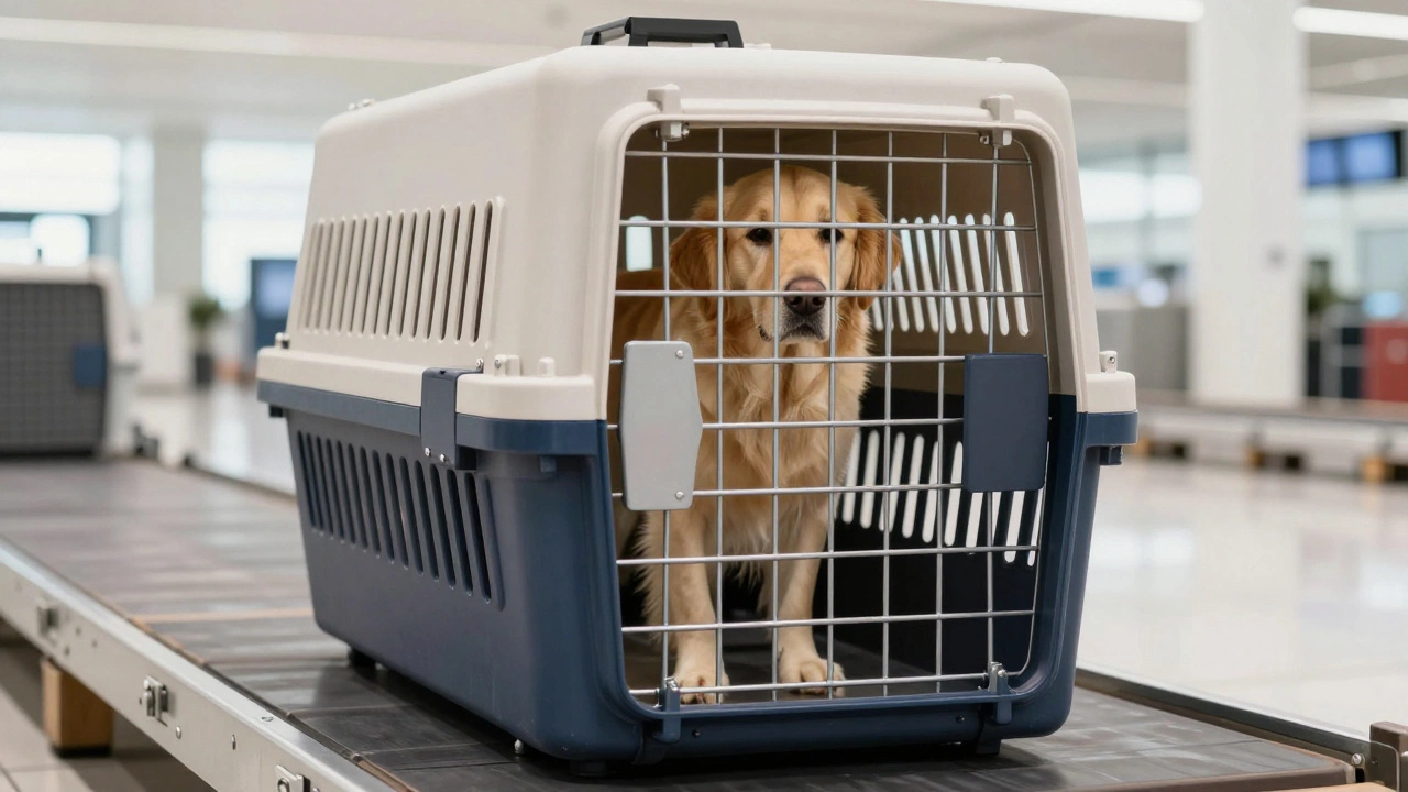 Large dog in compliant cargo crate at airport