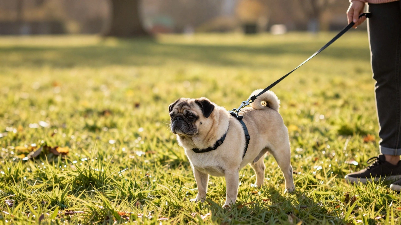 Senior Pug walking safely with a single leash attached to a harness