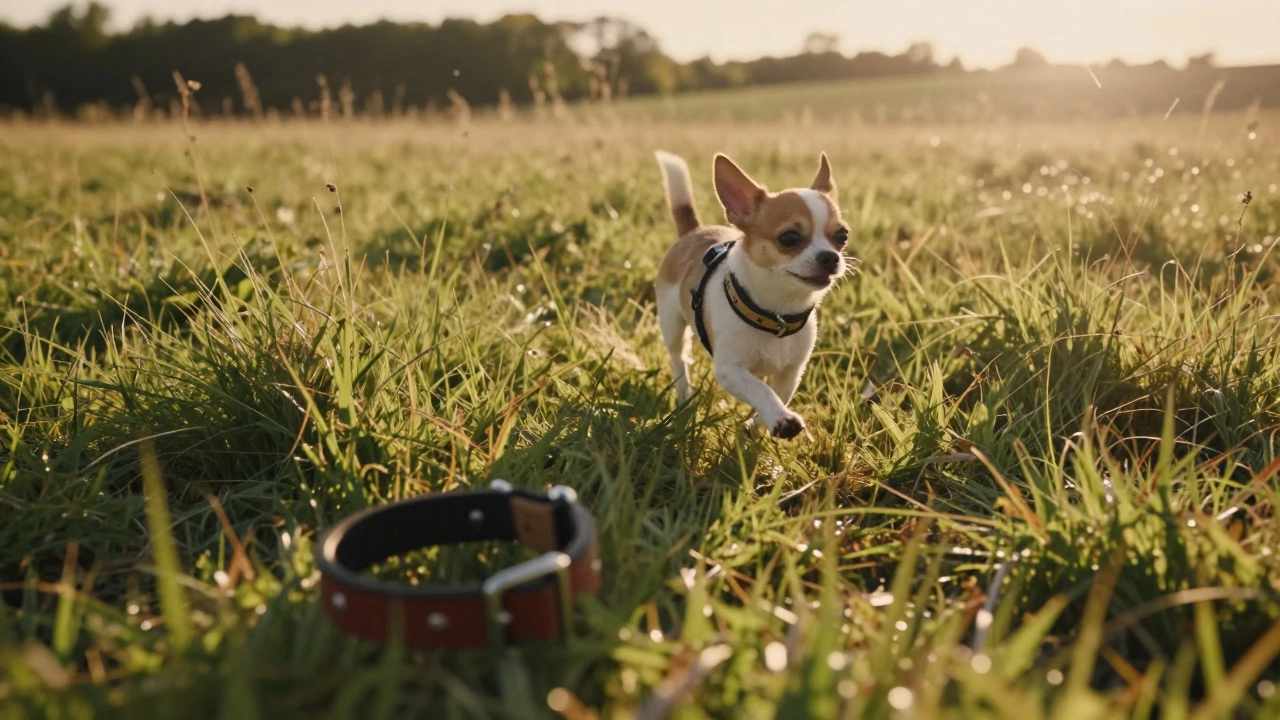 Small dog running freely in field wearing breakaway collar