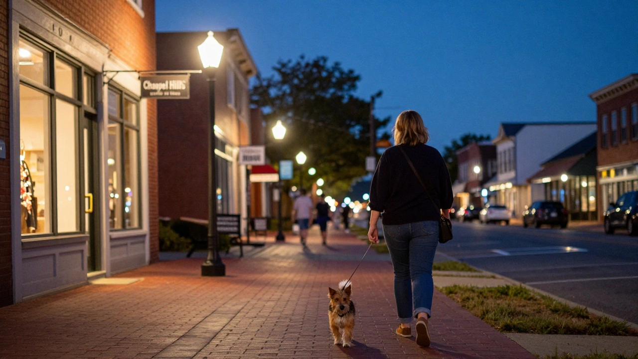 Small dog walking on a trail in Chapel Hill at dusk with warm streetlights