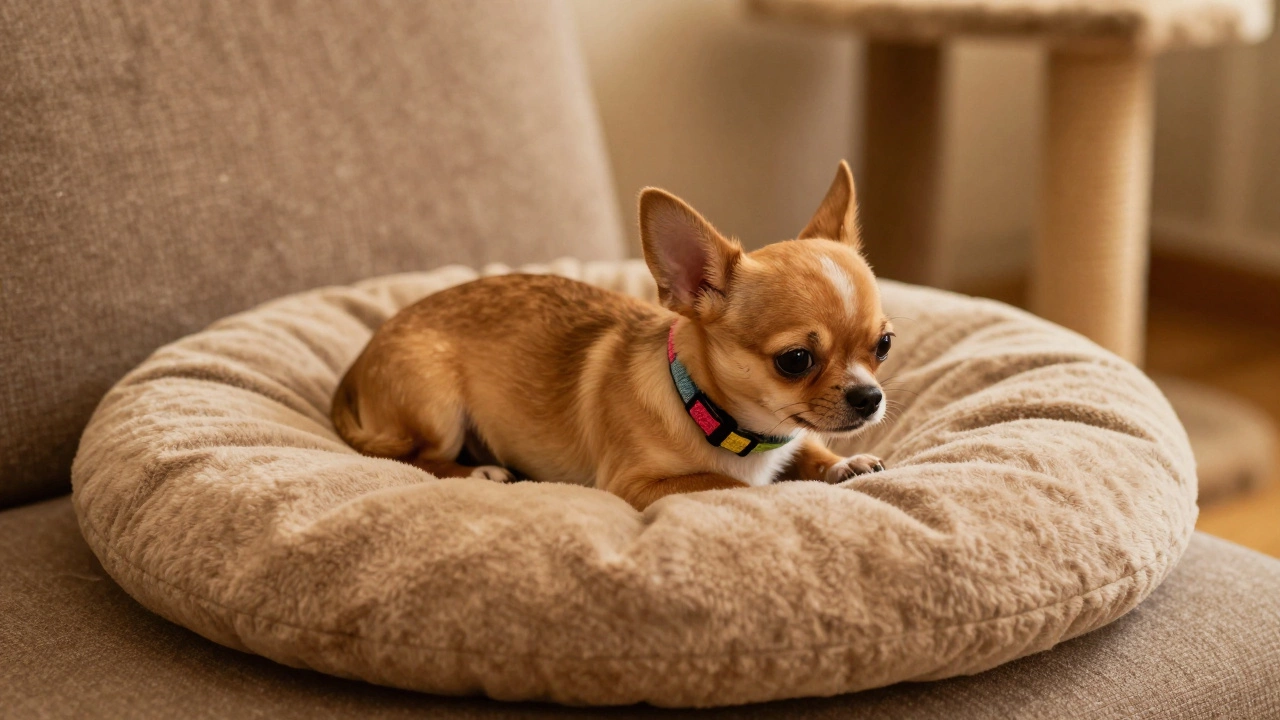 Small puppy wearing a breakaway collar resting safely on a sofa indoors.