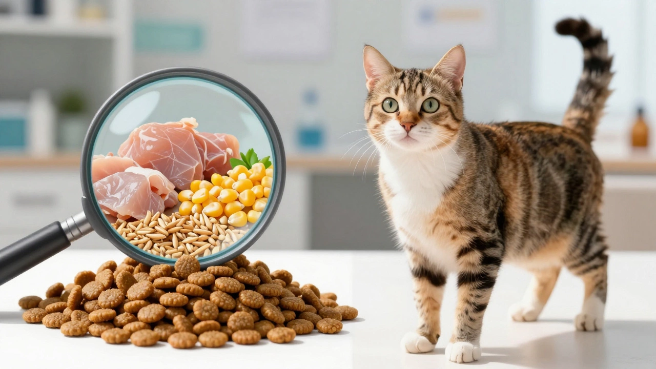 Split view showing kibble ingredients versus a healthy cat in sunlight