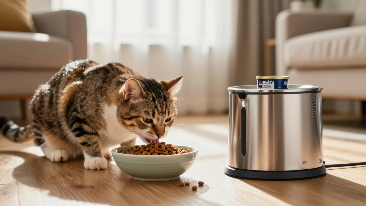 Tabby cat eating mixed dry and wet food next to a water fountain