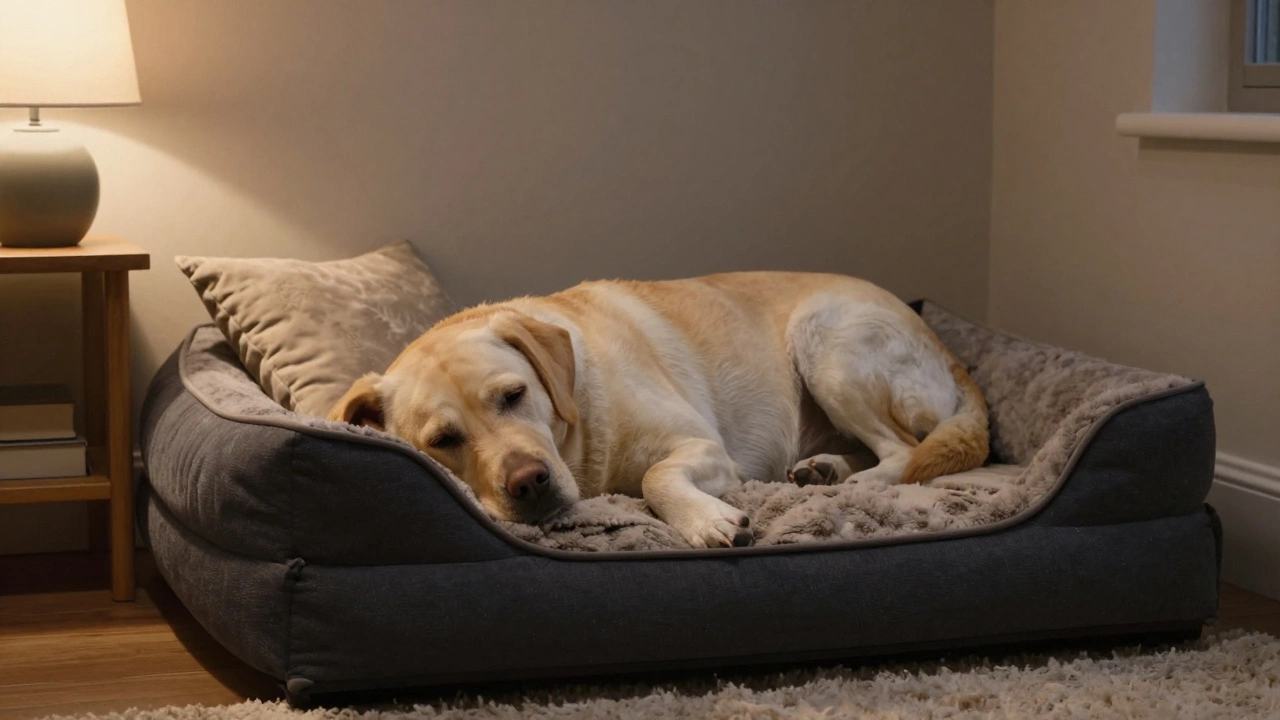 Tired Labrador resting peacefully on a comfortable bed in a dimly lit room.
