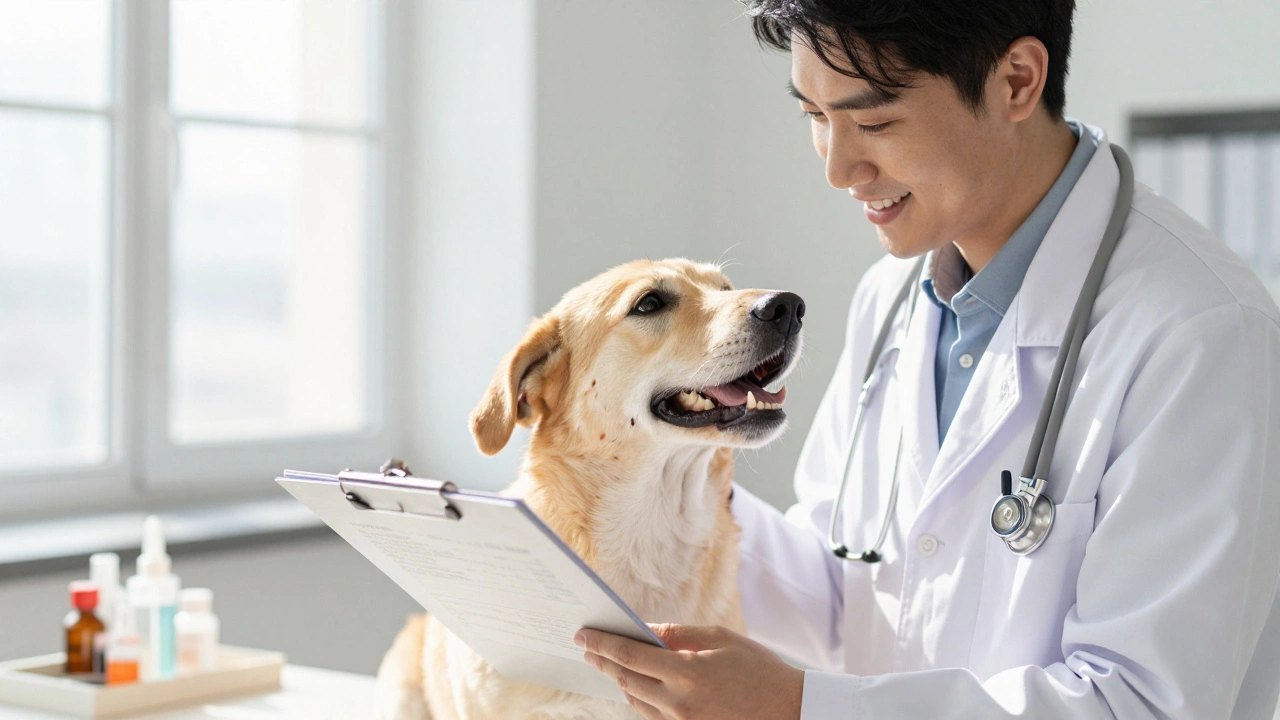 Veterinarian checking vaccination records with a calm indoor dog.