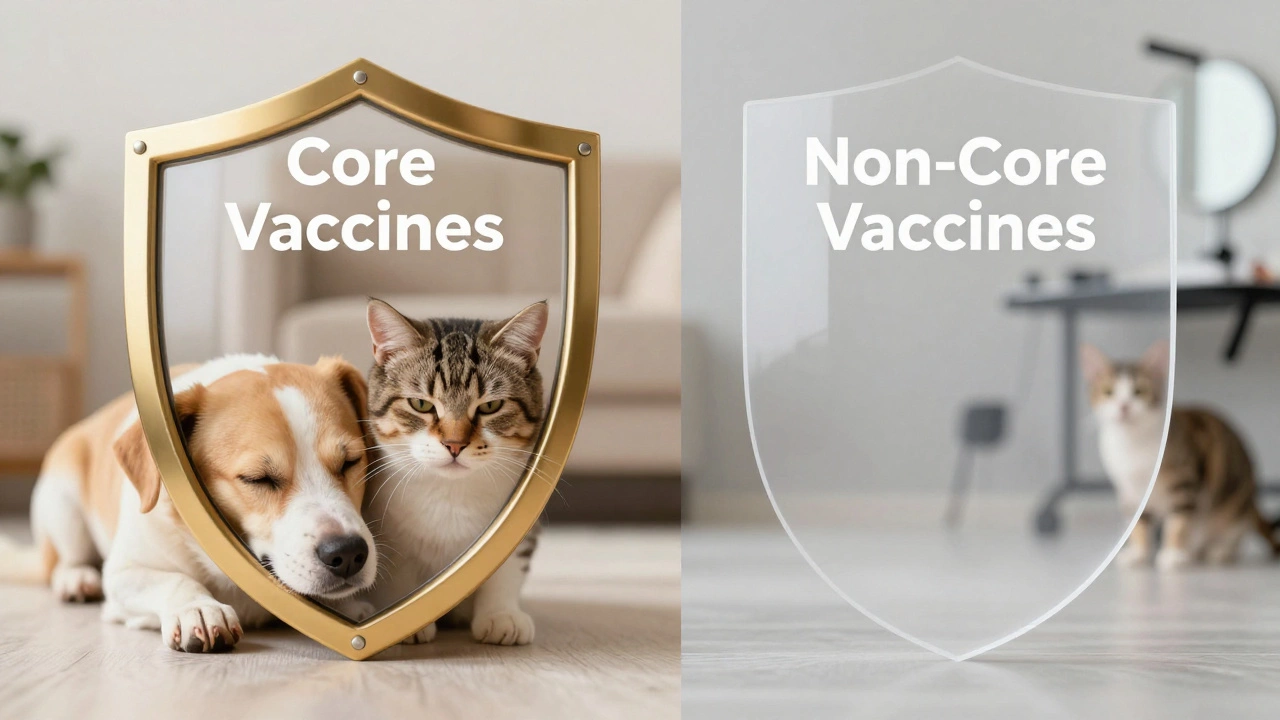 Visual metaphor showing protective shields for core and non-core pet vaccines.