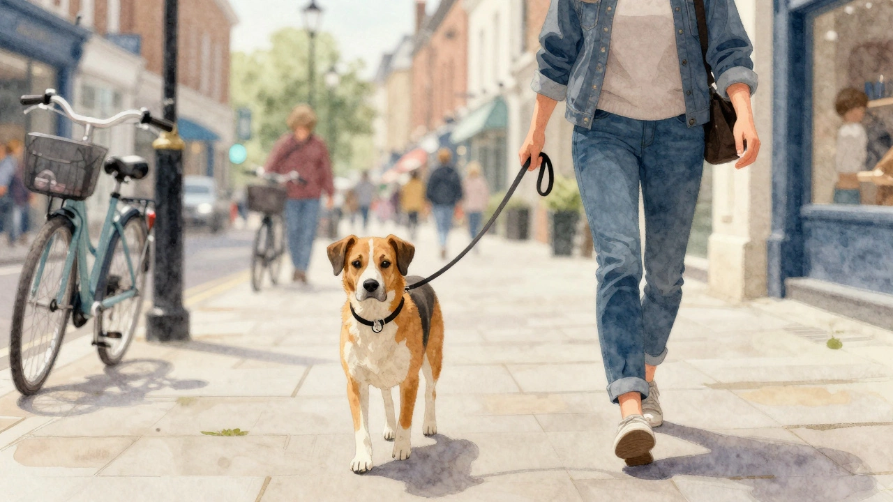 Calm dog walking confidently on a busy city street