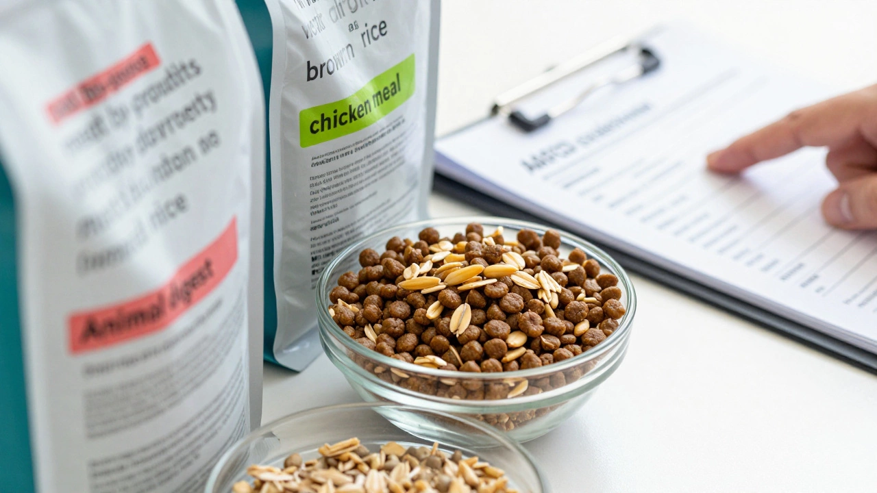 Close up of dog food labels comparing vague ingredients to clear ones