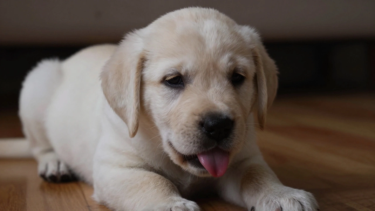 Close-up of puppy showing signs of fatigue like dull eyes