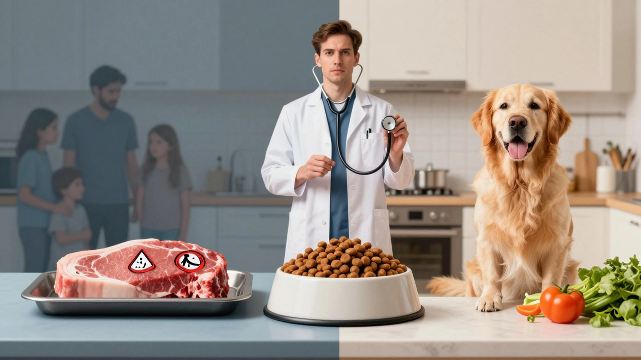 Comparison of risky raw meat diet versus safe cooked dog food