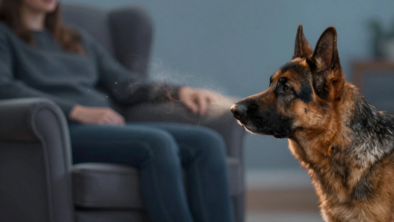 Dog sniffing a chair with visual effects showing fading scent particles in the air.