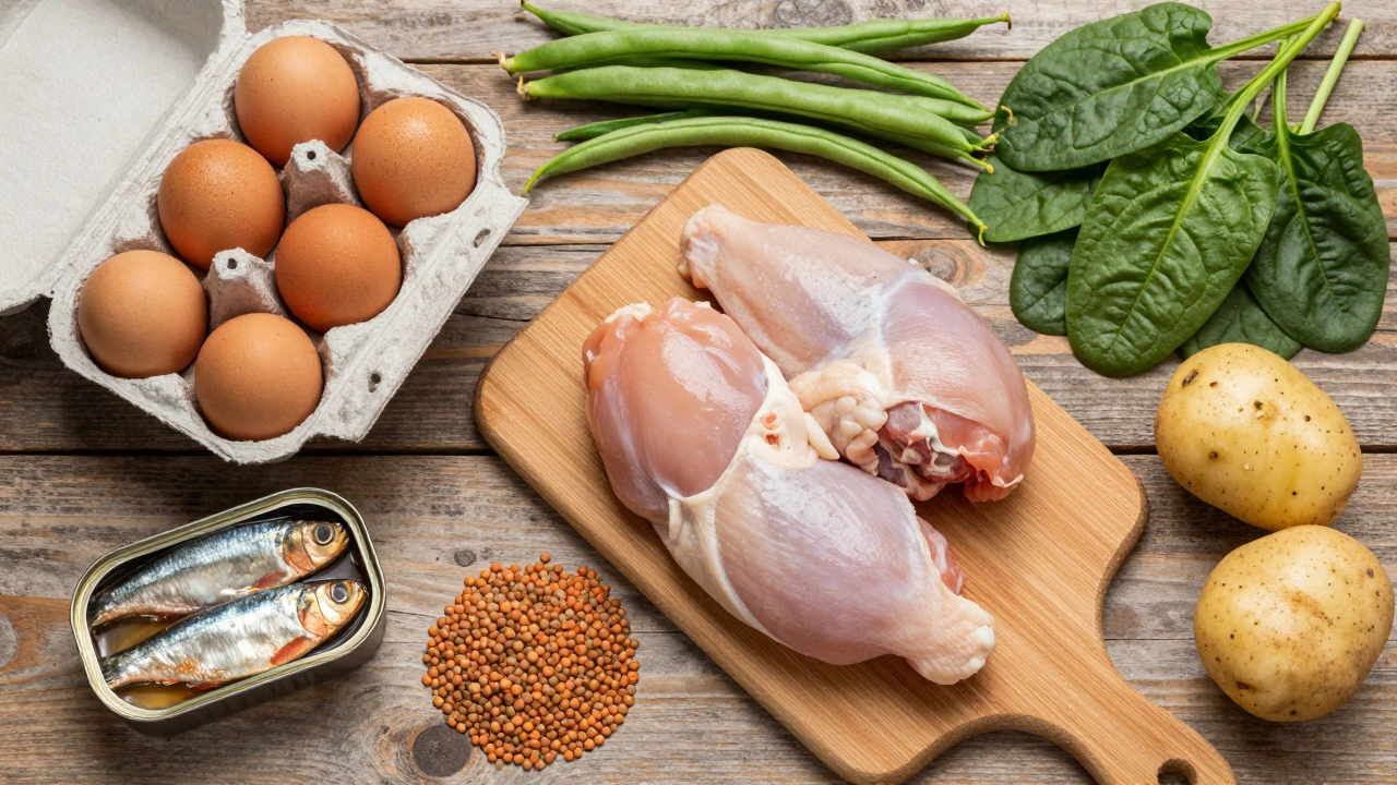 Flat lay of affordable dog food ingredients including eggs, chicken, lentils, and veggies