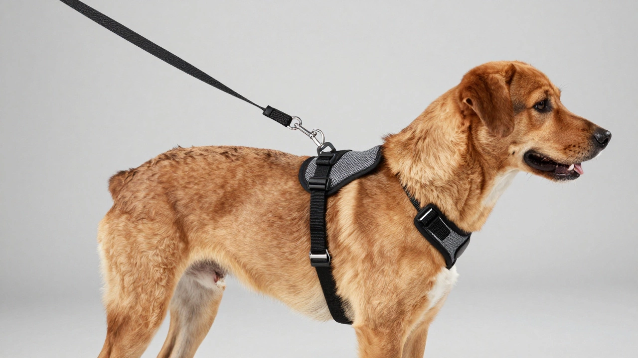 Front-clip dog harness showing chest attachment point for better control