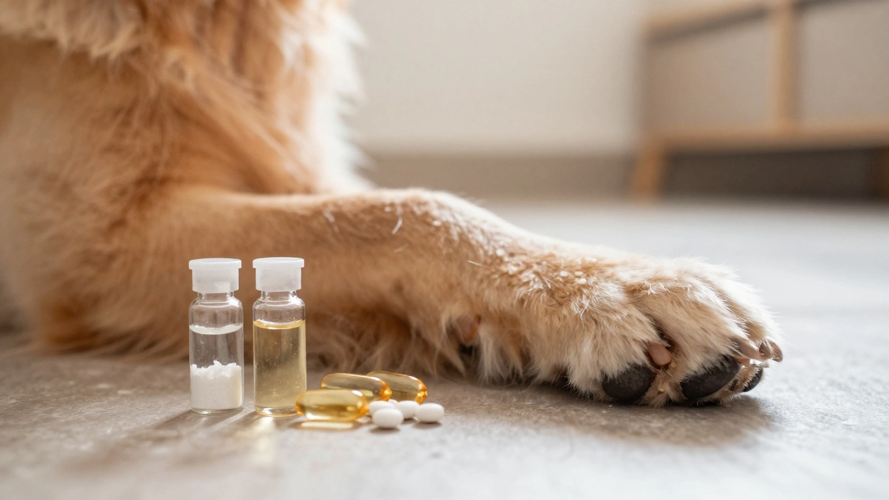 Golden retriever paw near fish oil and glucosamine supplements for joint health