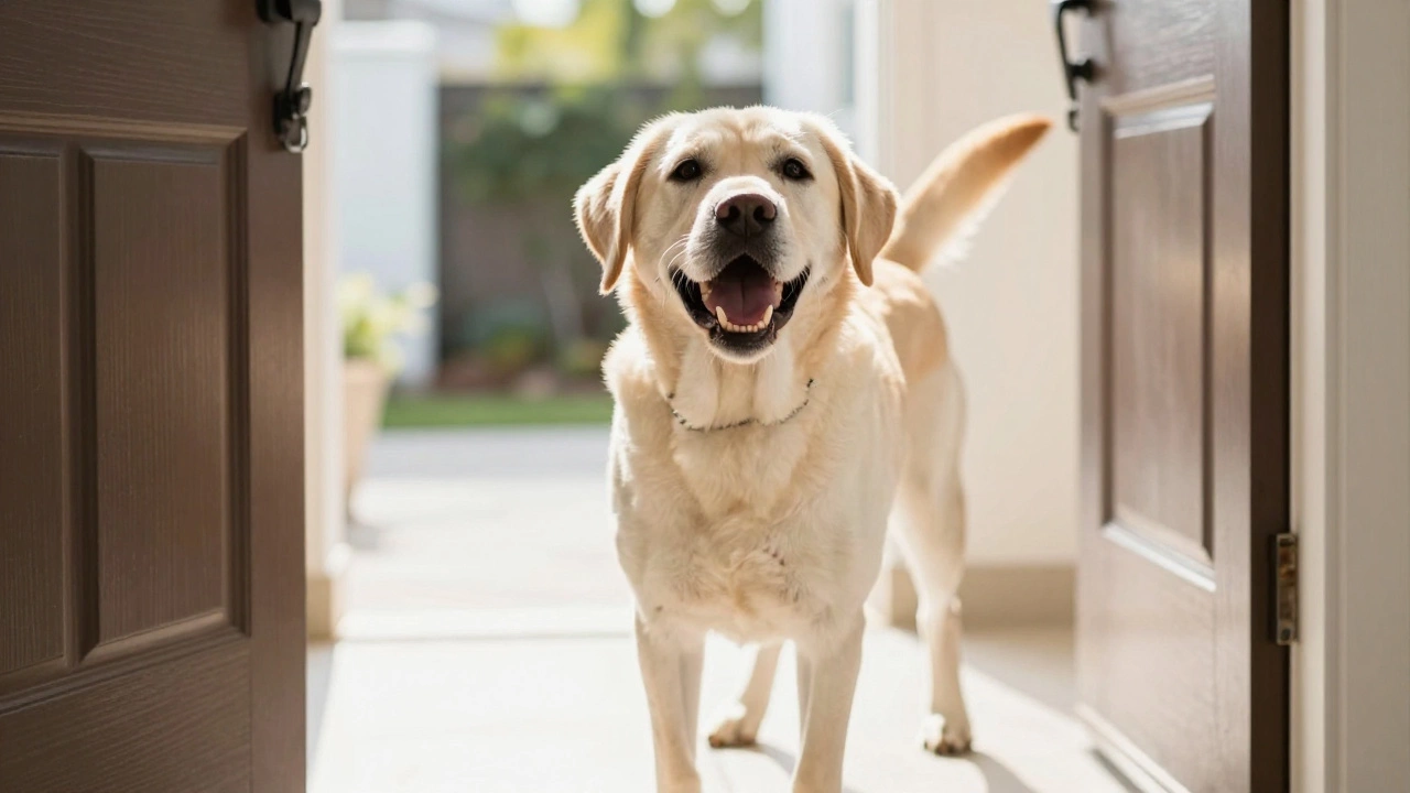 Happy Labrador wagging tail vigorously while greeting owner at the front door.