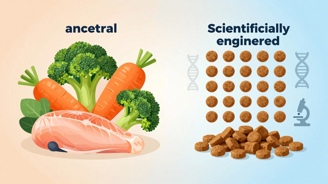 Illustration comparing whole food ingredients and kibble