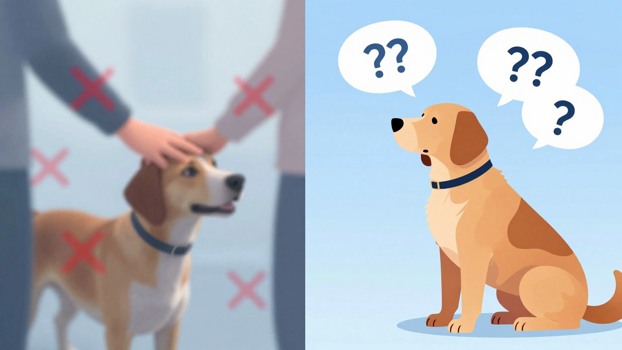 Illustration contrasting rude interruptions with respectful inquiries about service dogs