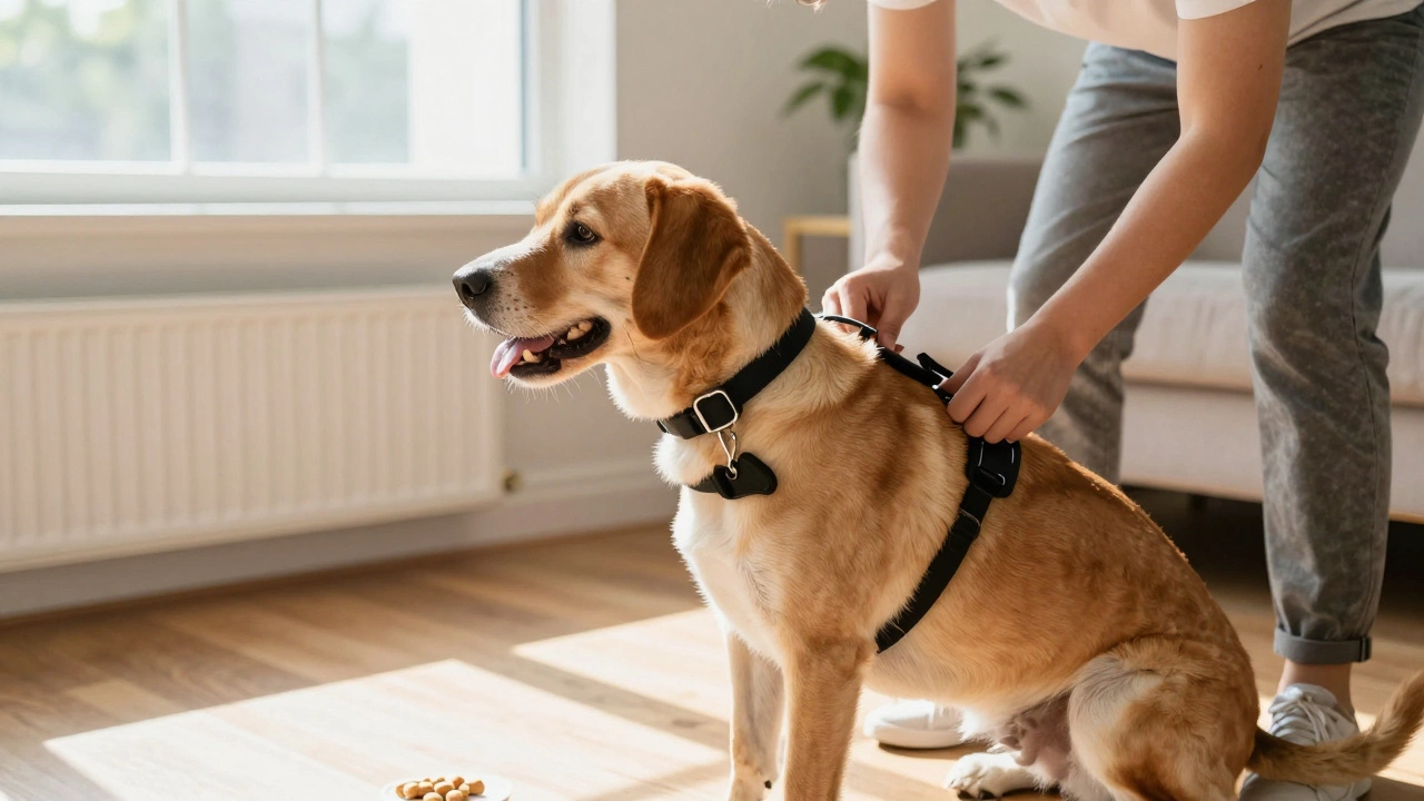 Owner fitting a collar and harness on a dog at home with treats