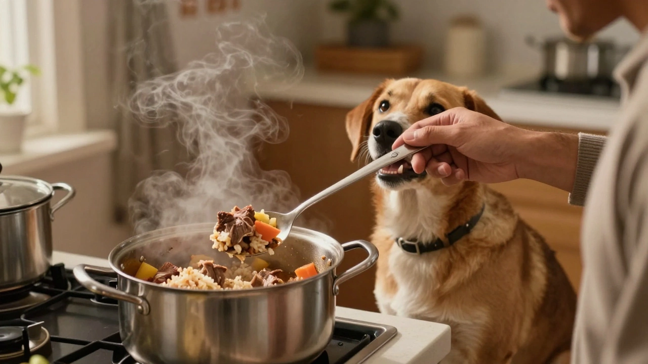 Owner preparing a balanced homemade meal for a happy dog in a cozy kitchen
