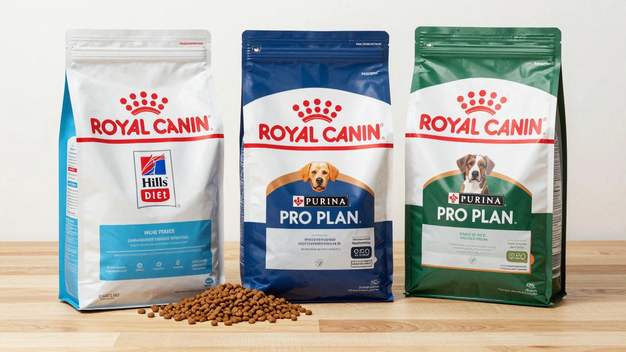 Premium dog food bags displayed on a wooden table