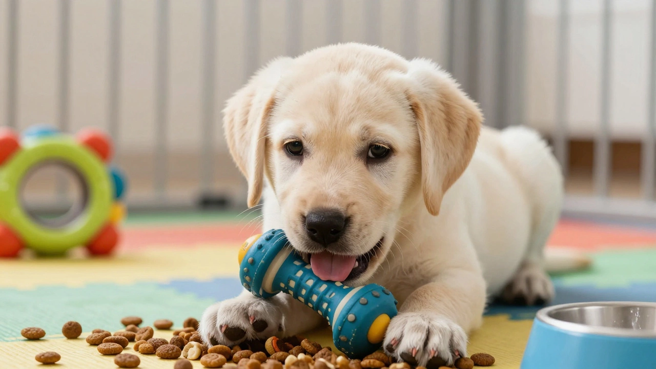 Puppy engaging with snuffle mat and puzzle toys for mental stimulation