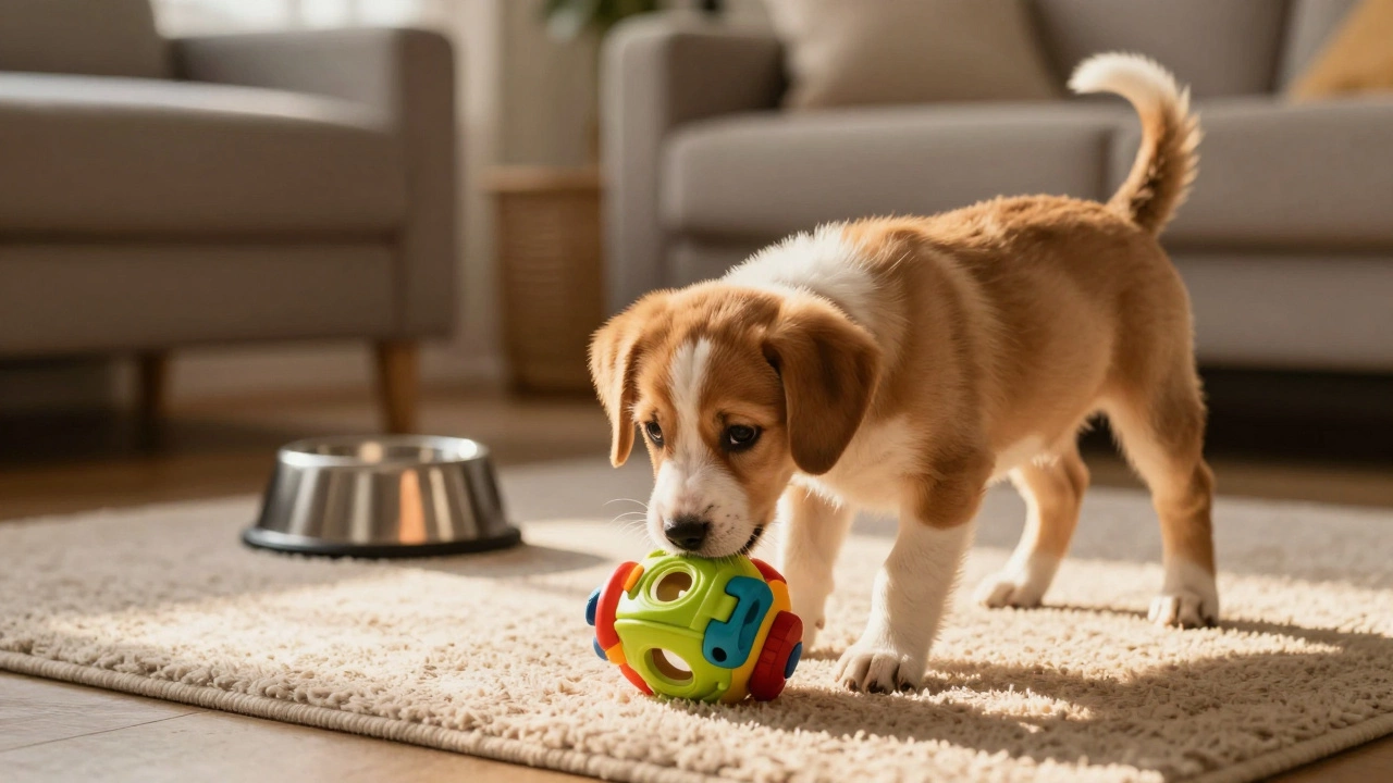 Puppy playing with a puzzle toy in sunlit living room