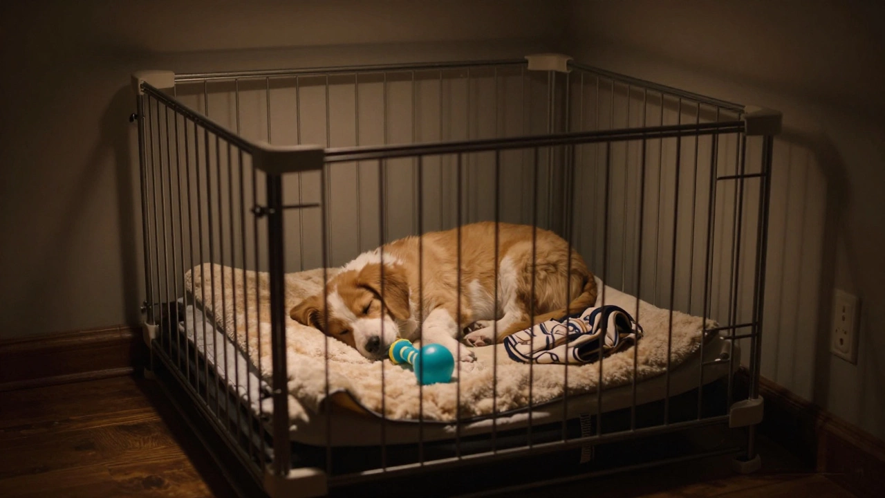 Puppy sleeping peacefully in crate with chew toy at night