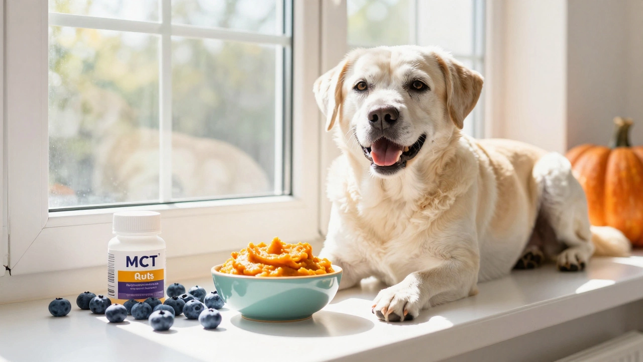 Senior dog relaxing near blueberries and pumpkin puree for brain and gut health