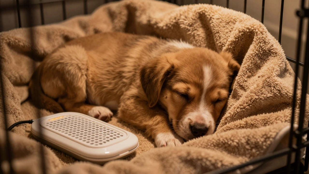 Sleeping puppy in a cozy crate with a warm blanket