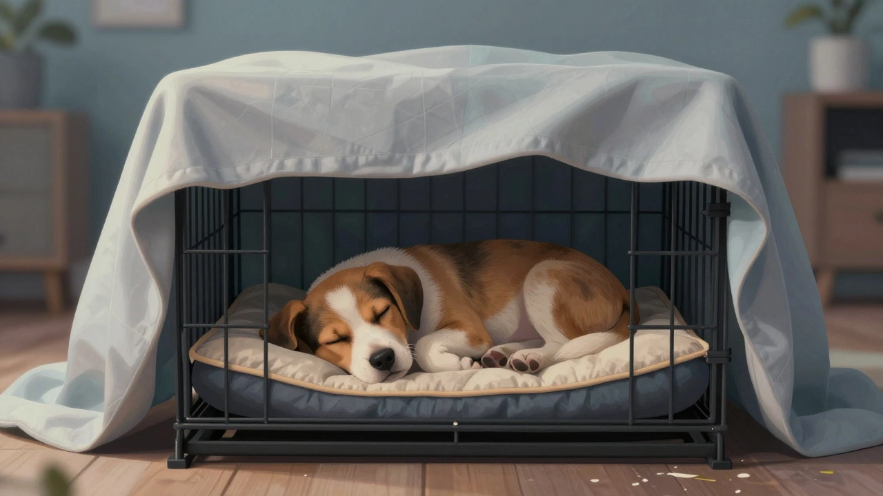 Sleeping puppy in covered crate den