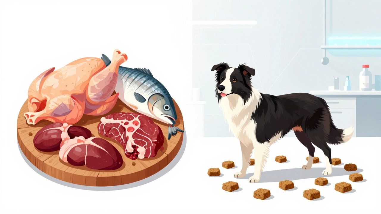 Split image showing raw meat ingredients versus scientific kibble analysis