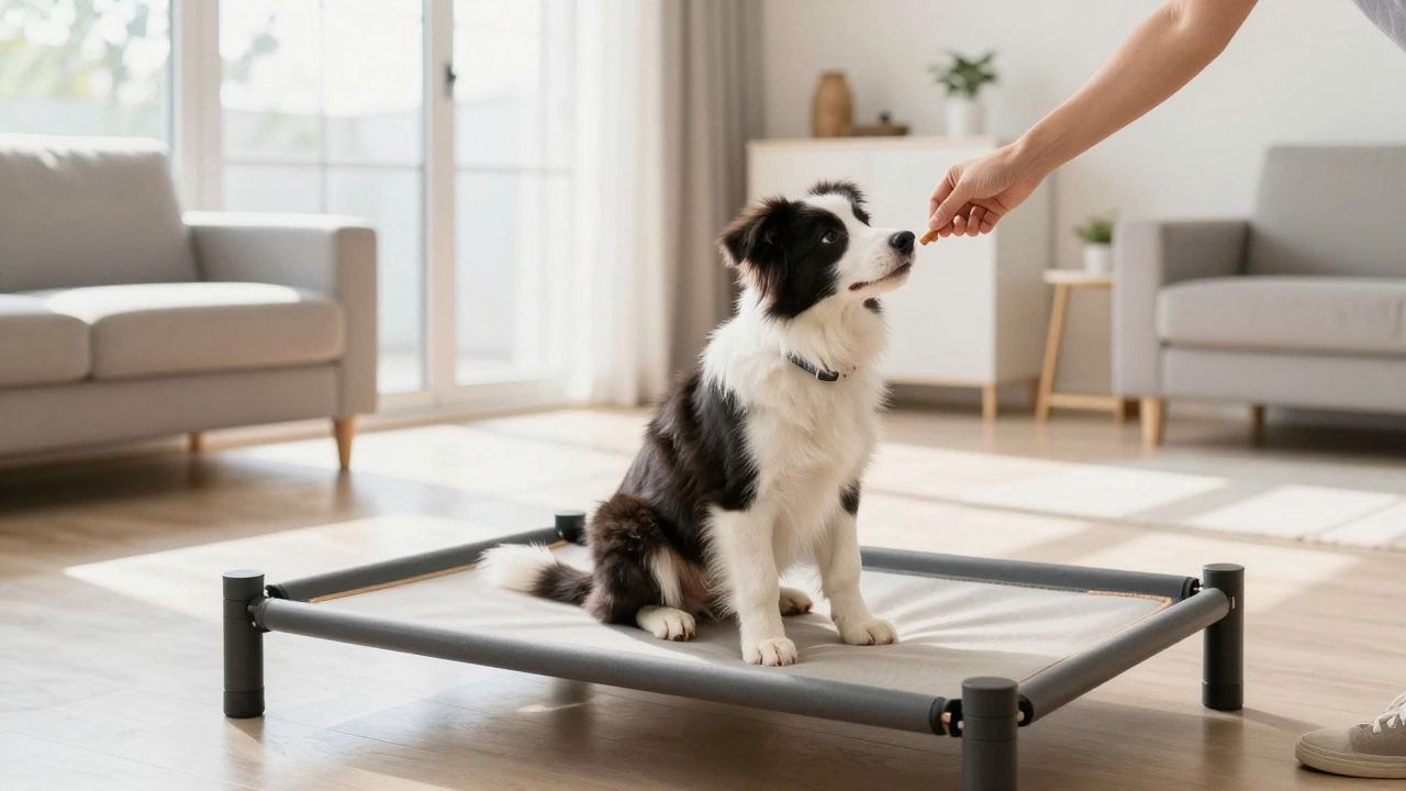 Trained puppy sitting calmly on bed waiting for a treat