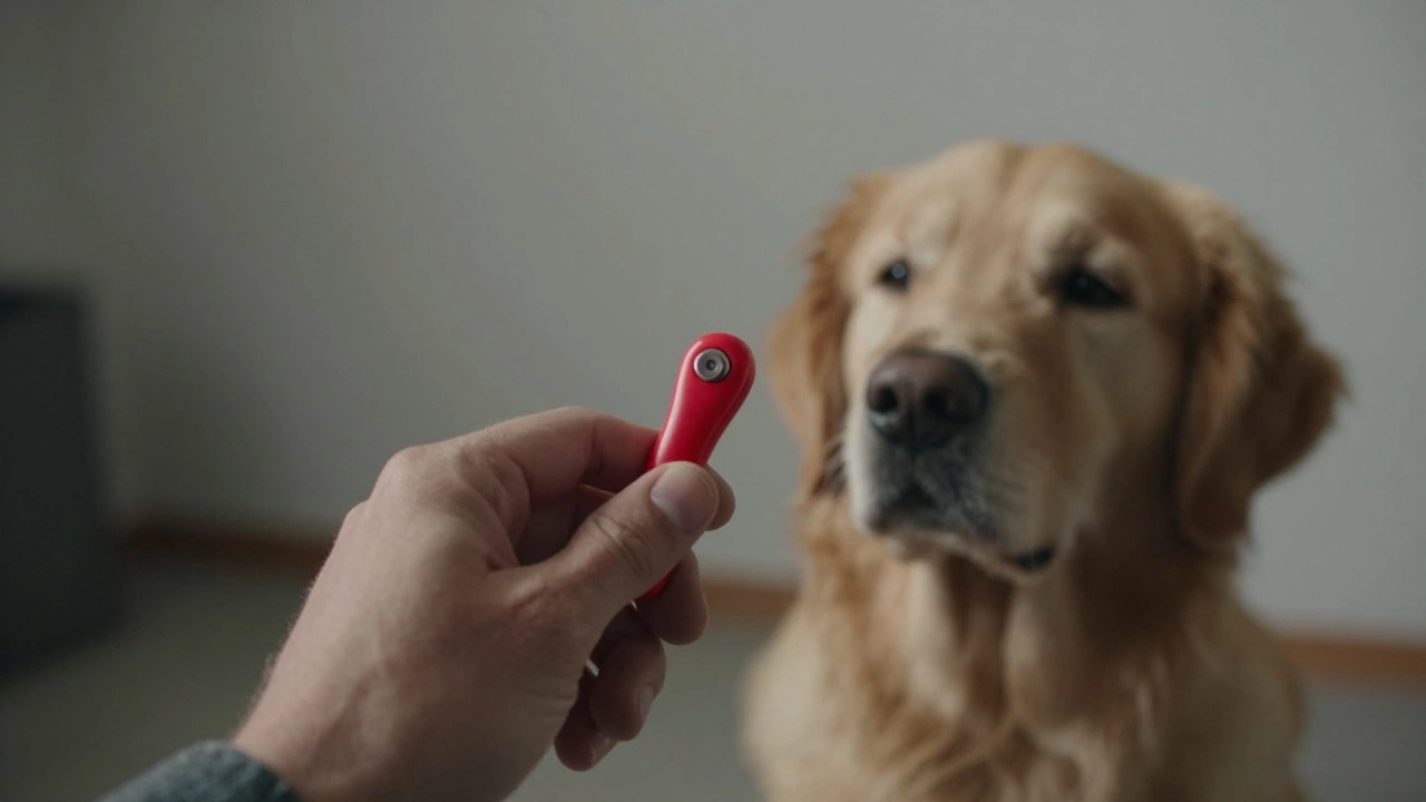 Trainer using a clicker while dog focuses attentively