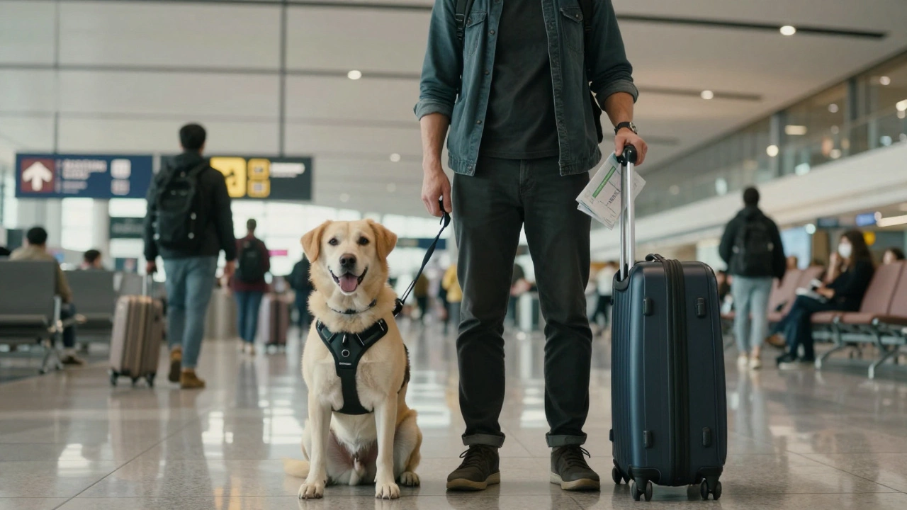 Traveler with service dog waiting confidently in an airport terminal