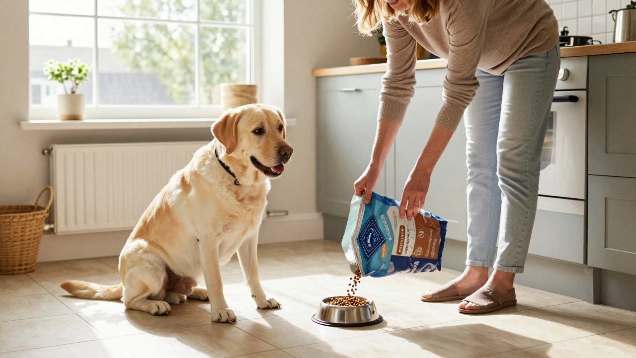 Woman pouring kibble for a happy dog in a sunny UK kitchen